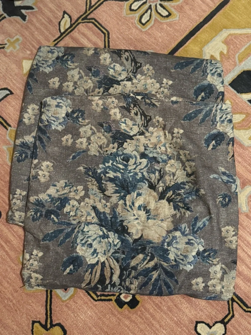 2/ Navy Blue and Brown Floral Linen blend Pillow Covers 20”